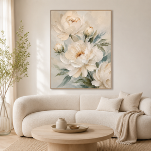 White Peony Textured Flowers | Neutral Floral Wall Art