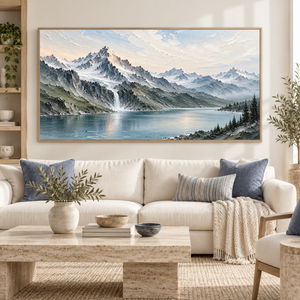 Snowy Mountain Lake and Waterfall | Textured Landscape Wall Art
