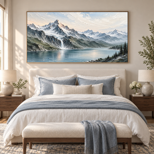 Snowy Mountain Lake and Waterfall | Textured Landscape Wall Art