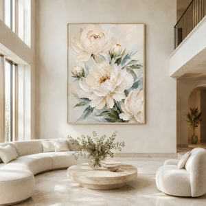 White Peony Textured Flowers | Neutral Floral Wall Art