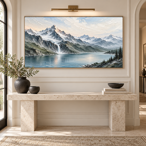 Snowy Mountain Lake and Waterfall | Textured Landscape Wall Art