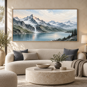 Snowy Mountain Lake and Waterfall | Textured Landscape Wall Art