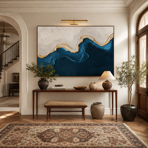 Navy & Gold Abstract Waves | Thick Impasto Canvas Painting