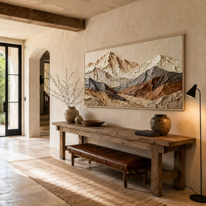 Layered Mountain Ridges | earth tone textured mountain wall art, neutral impasto landscape artwork