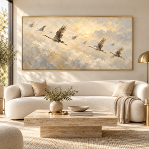 Flying Cranes in Golden Sky | Textured Bird Wall Art