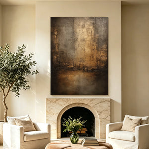 Dark Tone Textured Abstract Art | Misty Golden Skyline