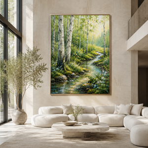 Sunlit Birch Forest Stream | Textured Nature Wall Art