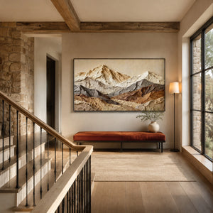 Layered Mountain Ridges | earth tone textured mountain wall art, neutral impasto landscape artwork