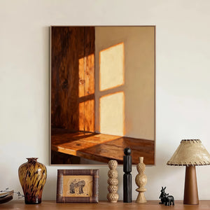 Minimalist Textured Oil Art | Wooden Wall Warm Window Sunlight