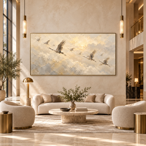 Flying Cranes in Golden Sky | Textured Bird Wall Art
