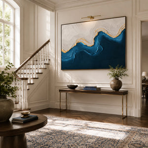 Navy & Gold Abstract Waves | Thick Impasto Canvas Painting