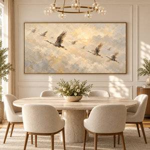 Flying Cranes in Golden Sky | Textured Bird Wall Art