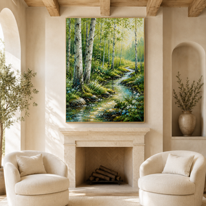 Sunlit Birch Forest Stream | Textured Nature Wall Art