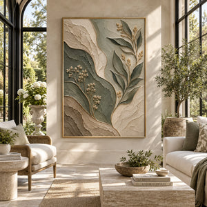 Sage Green Beige Leaf Relief Canvas | Thick Texture Painting