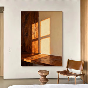 Minimalist Textured Oil Art | Wooden Wall Warm Window Sunlight