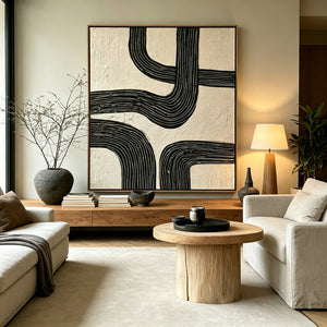 Curved Black Lines on Ivory | Textured Geometric Abstract Wall Art