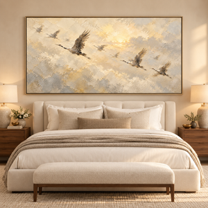 Flying Cranes in Golden Sky | Textured Bird Wall Art