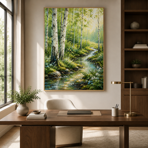 Sunlit Birch Forest Stream | Textured Nature Wall Art
