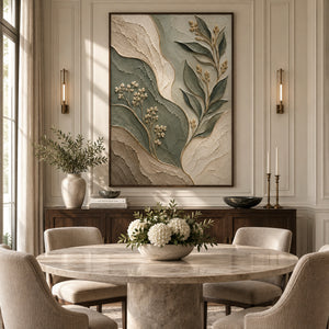 Sage Green Beige Leaf Relief Canvas | Thick Texture Painting
