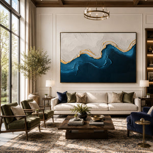 Navy & Gold Abstract Waves | Thick Impasto Canvas Painting