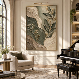 Sage Green Beige Leaf Relief Canvas | Thick Texture Painting