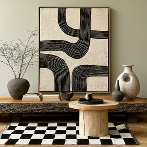 Curved Black Lines on Ivory | Textured Geometric Abstract Wall Art