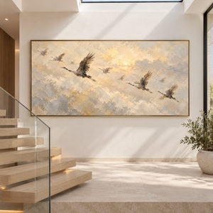 Flying Cranes in Golden Sky | Textured Bird Wall Art