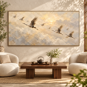 Flying Cranes in Golden Sky | Textured Bird Wall Art