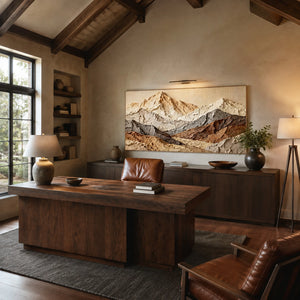 Layered Mountain Ridges | earth tone textured mountain wall art, neutral impasto landscape artwork