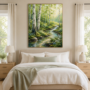 Sunlit Birch Forest Stream | Textured Nature Wall Art