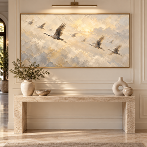 Flying Cranes in Golden Sky | Textured Bird Wall Art
