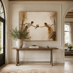 Lovers Reaching Across Balconies | Warm Neutral Figurative Wall Decor