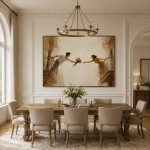 Lovers Reaching Across Balconies | Warm Neutral Figurative Wall Decor