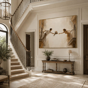 Lovers Reaching Across Balconies | Warm Neutral Figurative Wall Decor