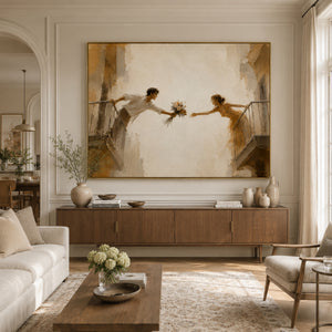 Lovers Reaching Across Balconies | Warm Neutral Figurative Wall Decor