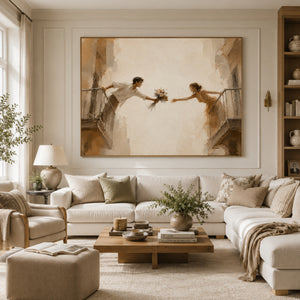Lovers Reaching Across Balconies | Warm Neutral Figurative Wall Decor