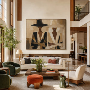 Two Ladies In Wide Hats | neutral tone figure art