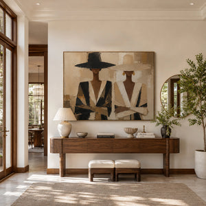 Two Ladies In Wide Hats | neutral tone figure art