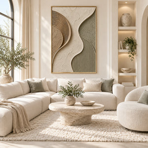 Sage & Taupe Curved Geometric Plaster Art | 3D Textured Wall Art