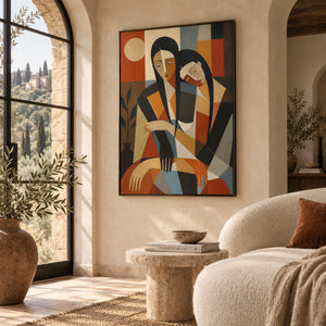 Cubist Two Women Embrace Portrait | 3D Textured Wall Art