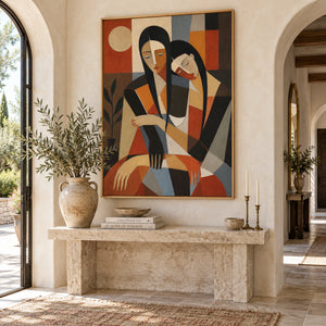 Cubist Two Women Embrace Portrait | 3D Textured Wall Art