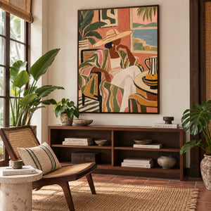 Tropical Lady in Straw Hat Portrait | 3D Textured Wall Art