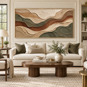 Green Earth Tone Layered Wave Plaster Art | 3D Textured Wall Art