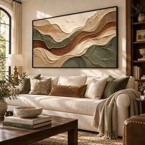 Green Earth Tone Layered Wave Plaster Art | 3D Textured Wall Art