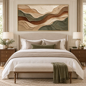Green Earth Tone Layered Wave Plaster Art | 3D Textured Wall Art