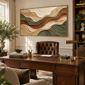 Green Earth Tone Layered Wave Plaster Art | 3D Textured Wall Art