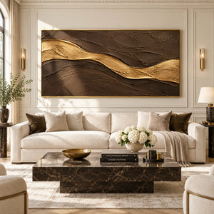 Dark Brown & Gold Flowing Wave Plaster Art | 3D Textured Wall Art