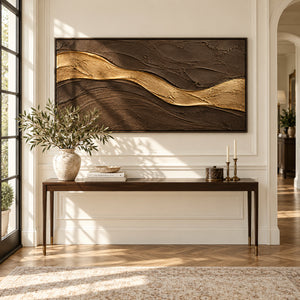 Dark Brown & Gold Flowing Wave Plaster Art | 3D Textured Wall Art