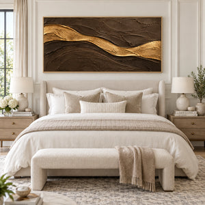 Dark Brown & Gold Flowing Wave Plaster Art | 3D Textured Wall Art