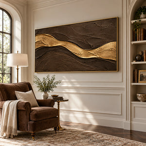 Dark Brown & Gold Flowing Wave Plaster Art | 3D Textured Wall Art